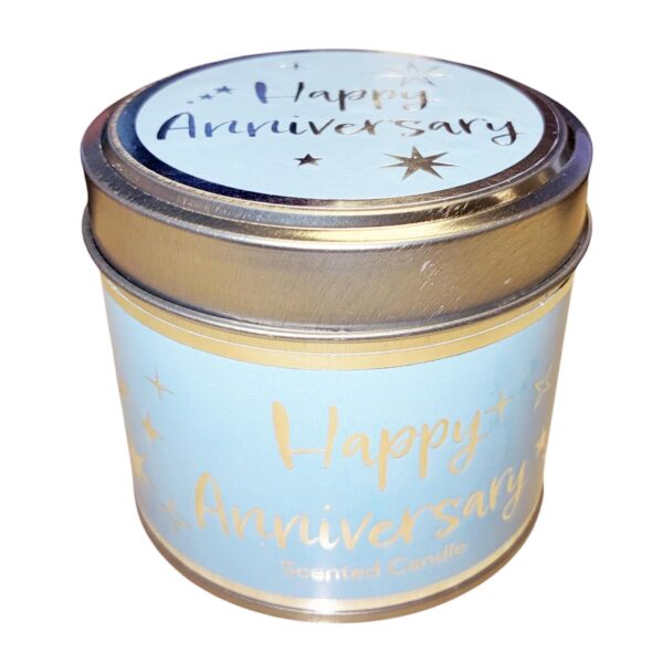 image490594613.jpg Happy Anniversary Scented Candle in Tin with Silver Detail Vanilla and Jasmine