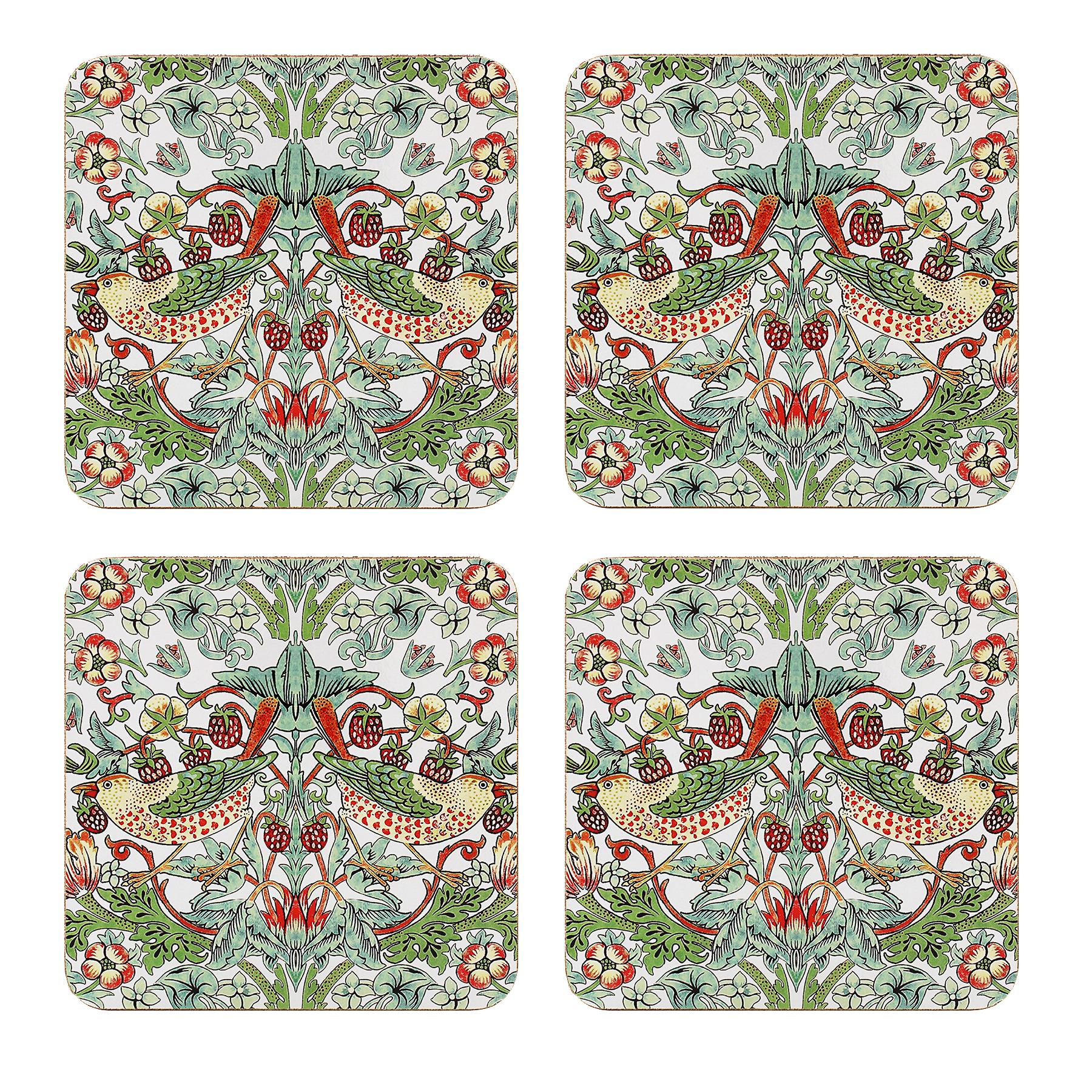 William Morris Set of 4 Coasters with Cork Back Strawberry Thief Design