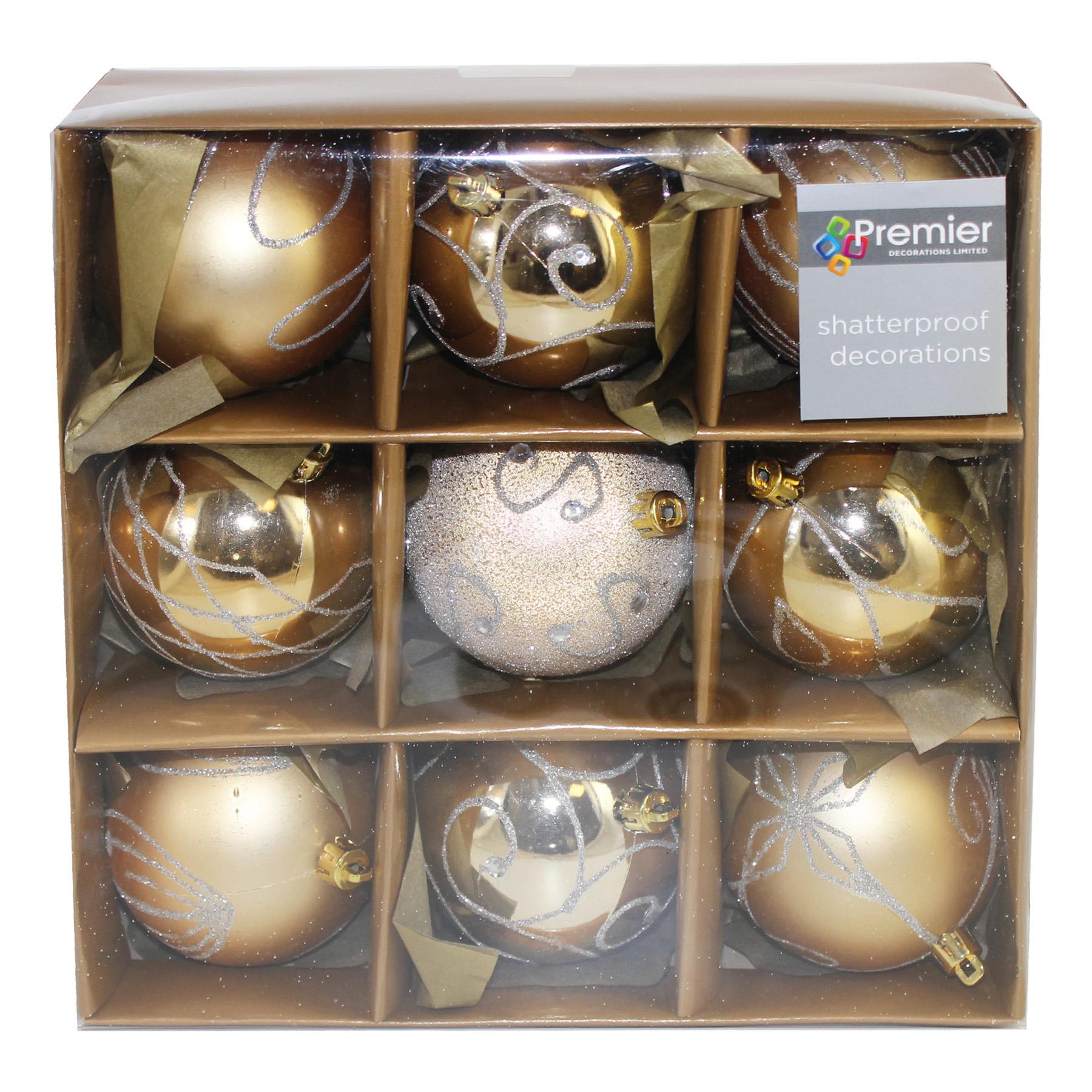 Christmas Shatterproof Baubles 9 Pack 80mm Tree Decoration Gold