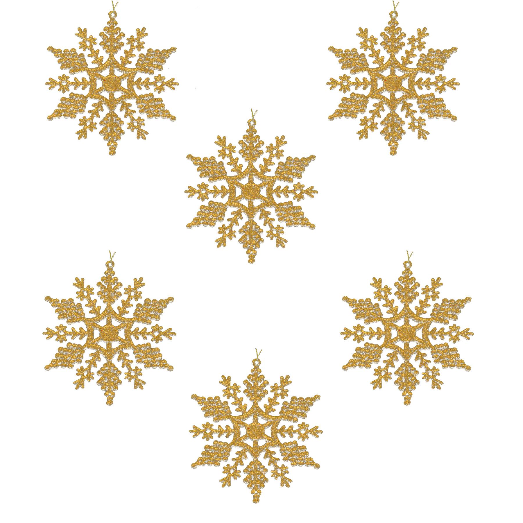 Christmas Decorations 6 Pack Glitter Snowflakes Tree Gold