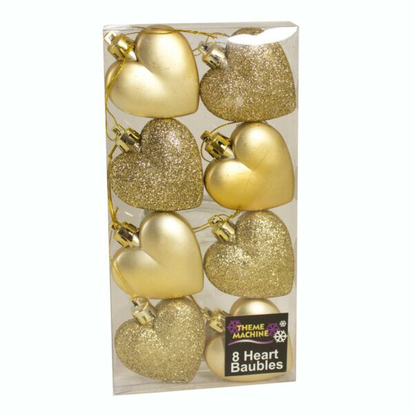 Christmas Tree Decorations 8 Pack Hanging Hearts 50mm - Gold