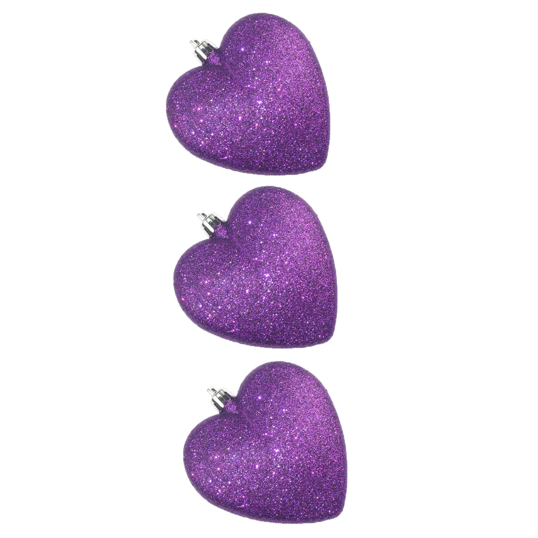 Christmas Purple 3 Pack 90mm Glitter Hearts Tree Decorations