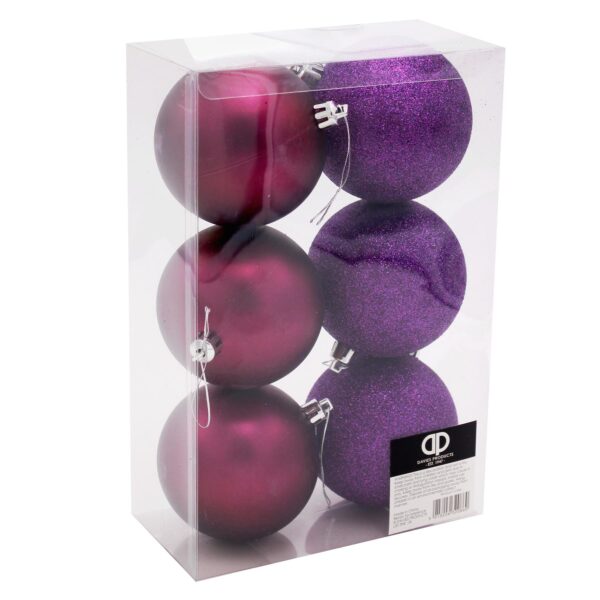 Christmas Tree Decorations 6 Pack 80mm Hanging Baubles - Purple
