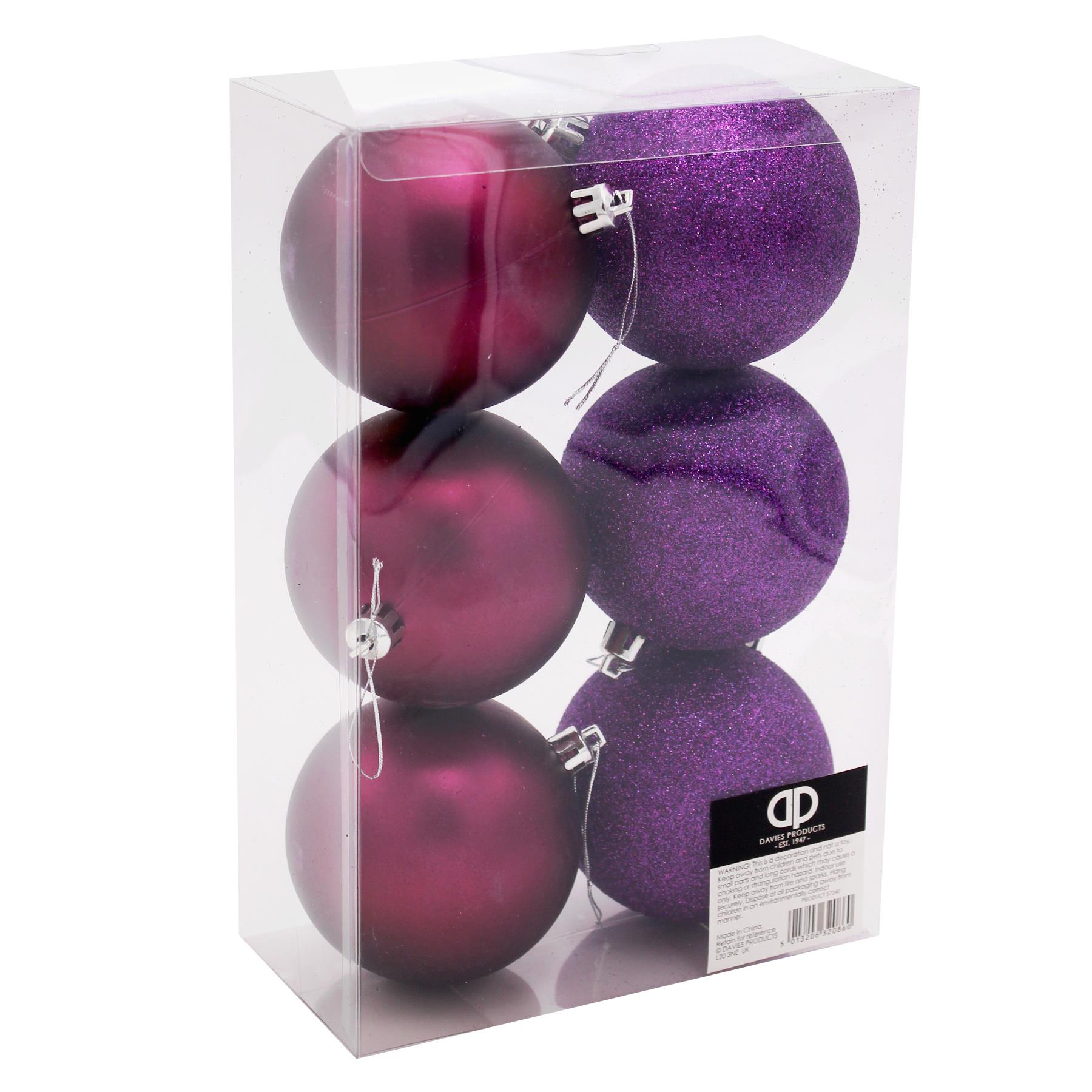 Christmas Tree Decorations 6 Pack 80mm Hanging Baubles - Purple