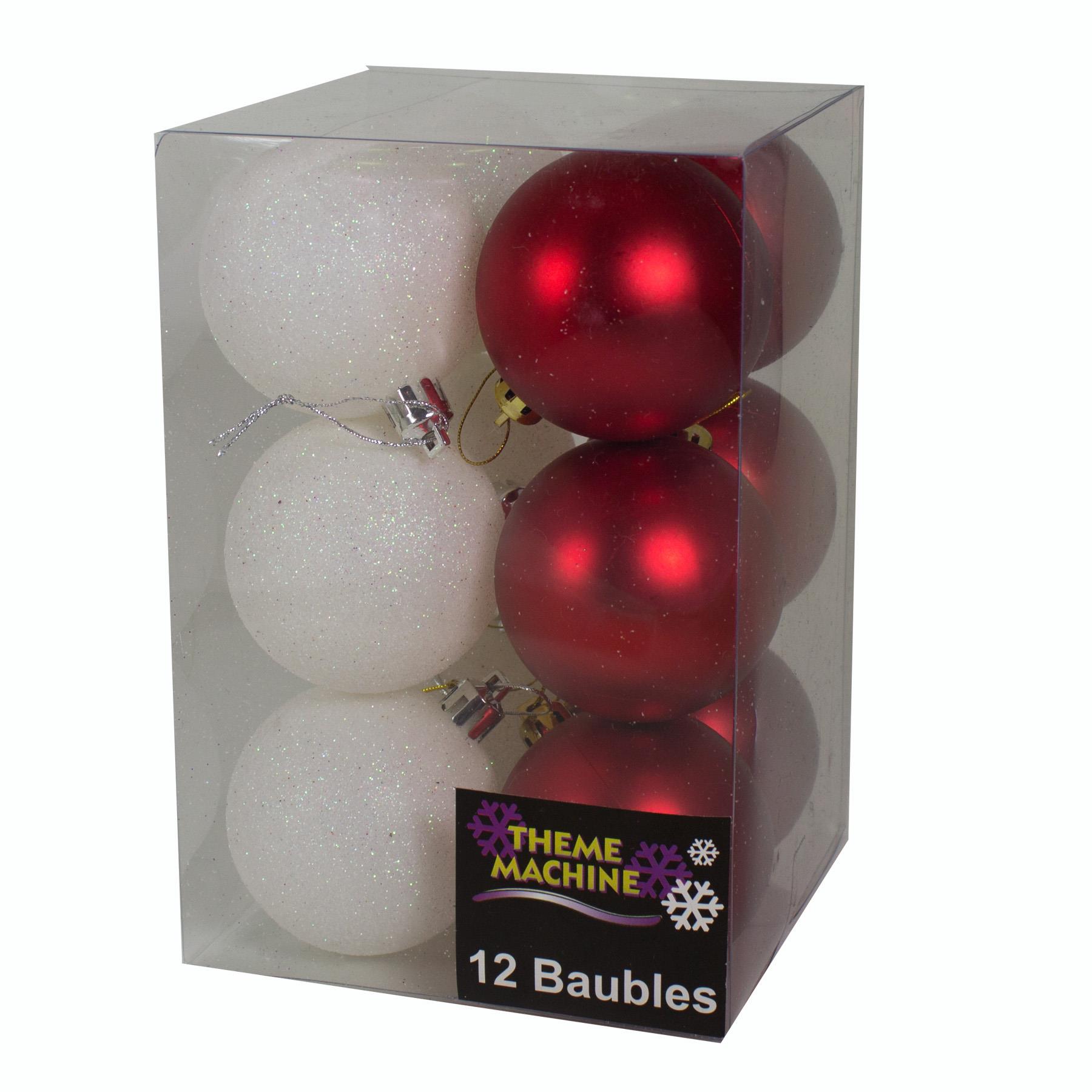 Christmas Red and White 12 Pack 60mm Baubles Glitter / Plain Decorations
