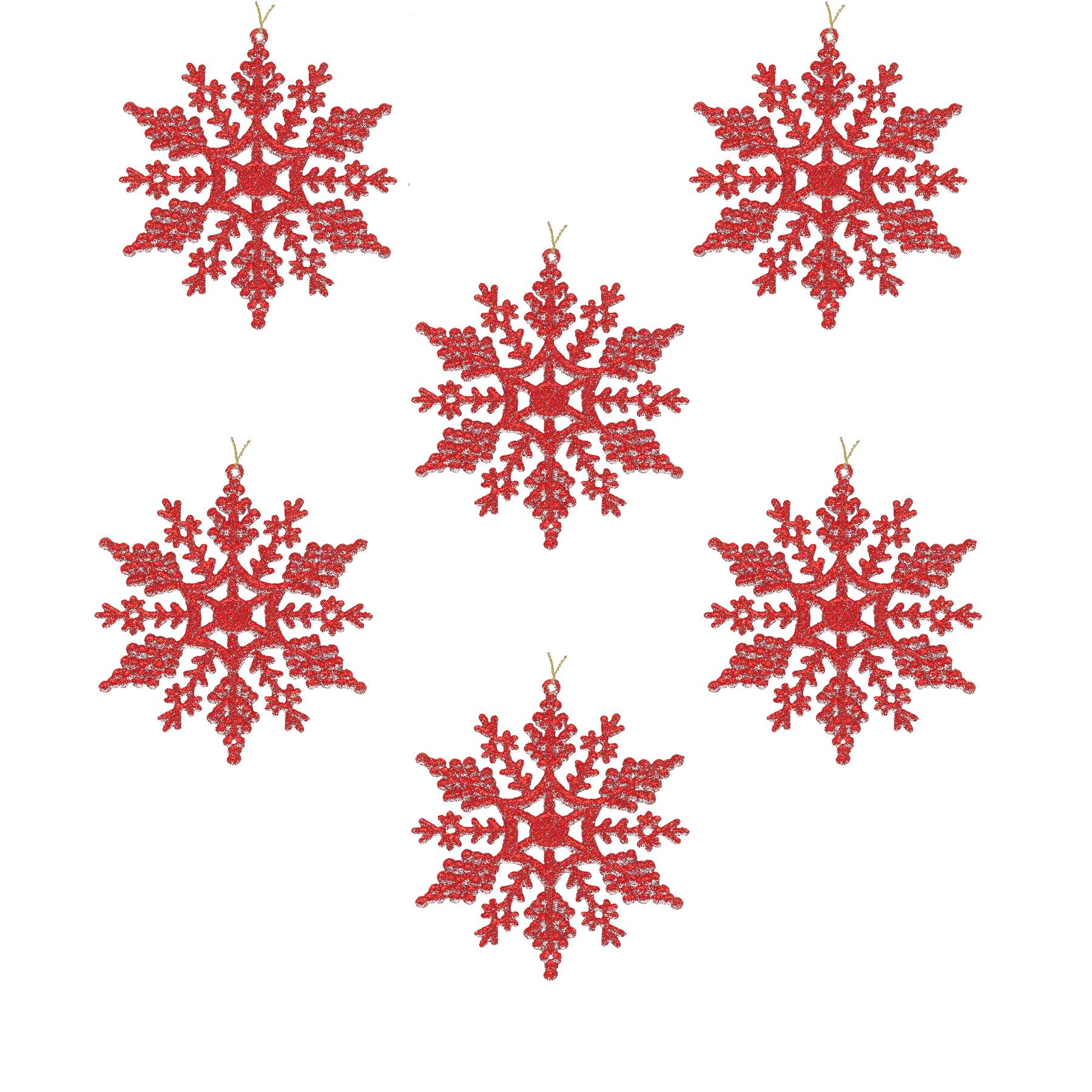 Christmas Red 6 Pack Glitter Snowflakes Tree Decorations