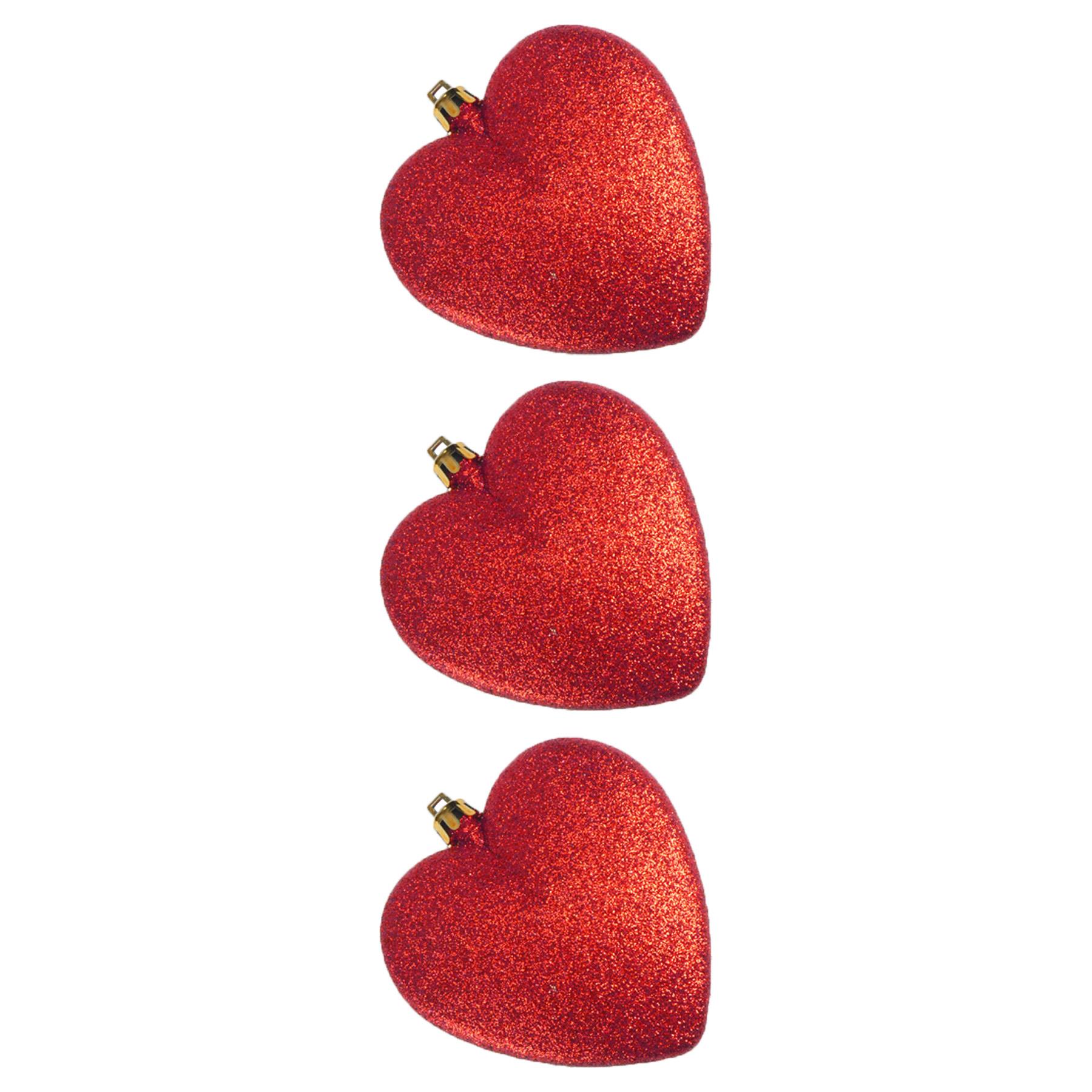 Christmas Red 3 Pack 90mm Glitter Hearts Tree Decorations