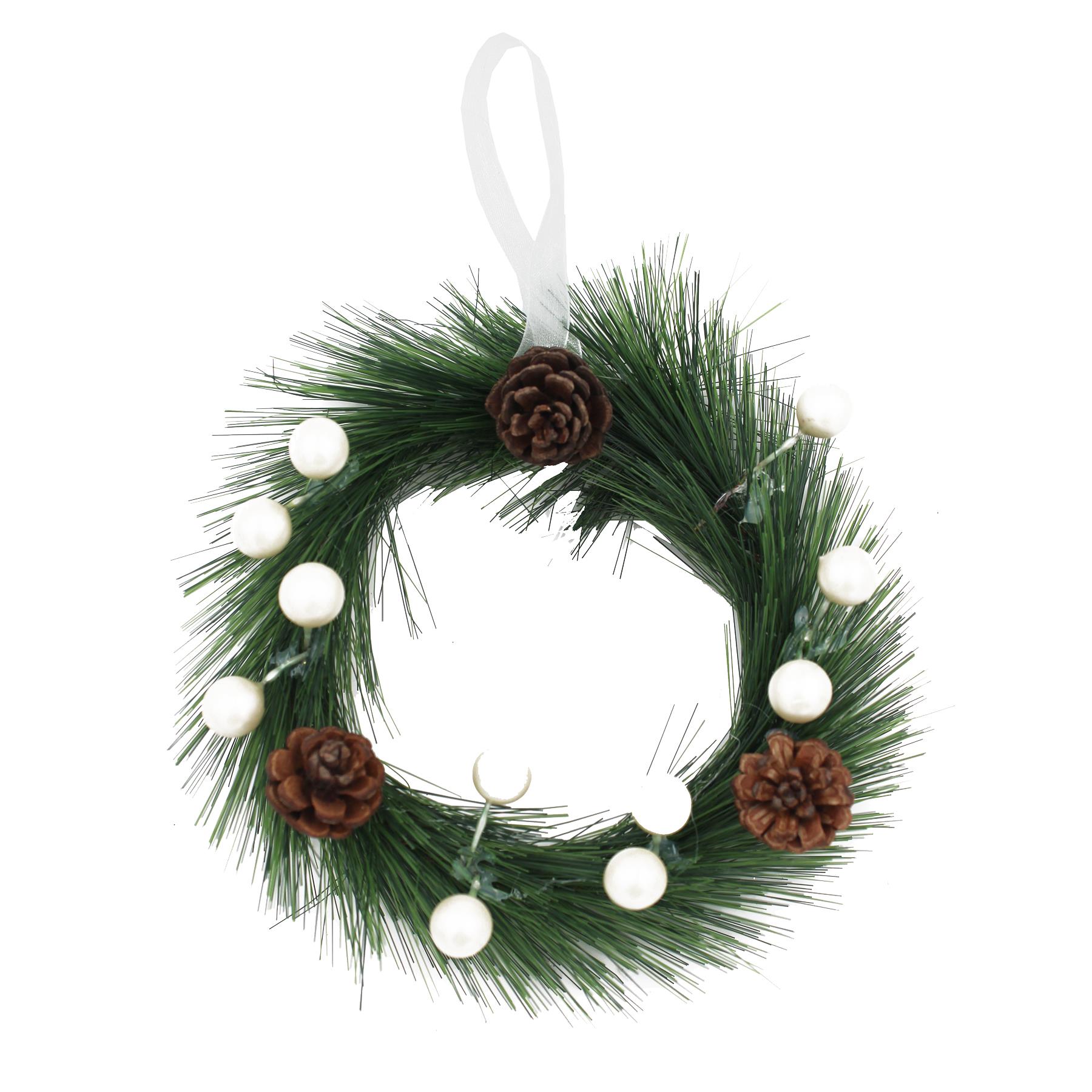 Christmas Artificial Mini Wreath Hanging Door Decoration - 18cm Green with  White Berries