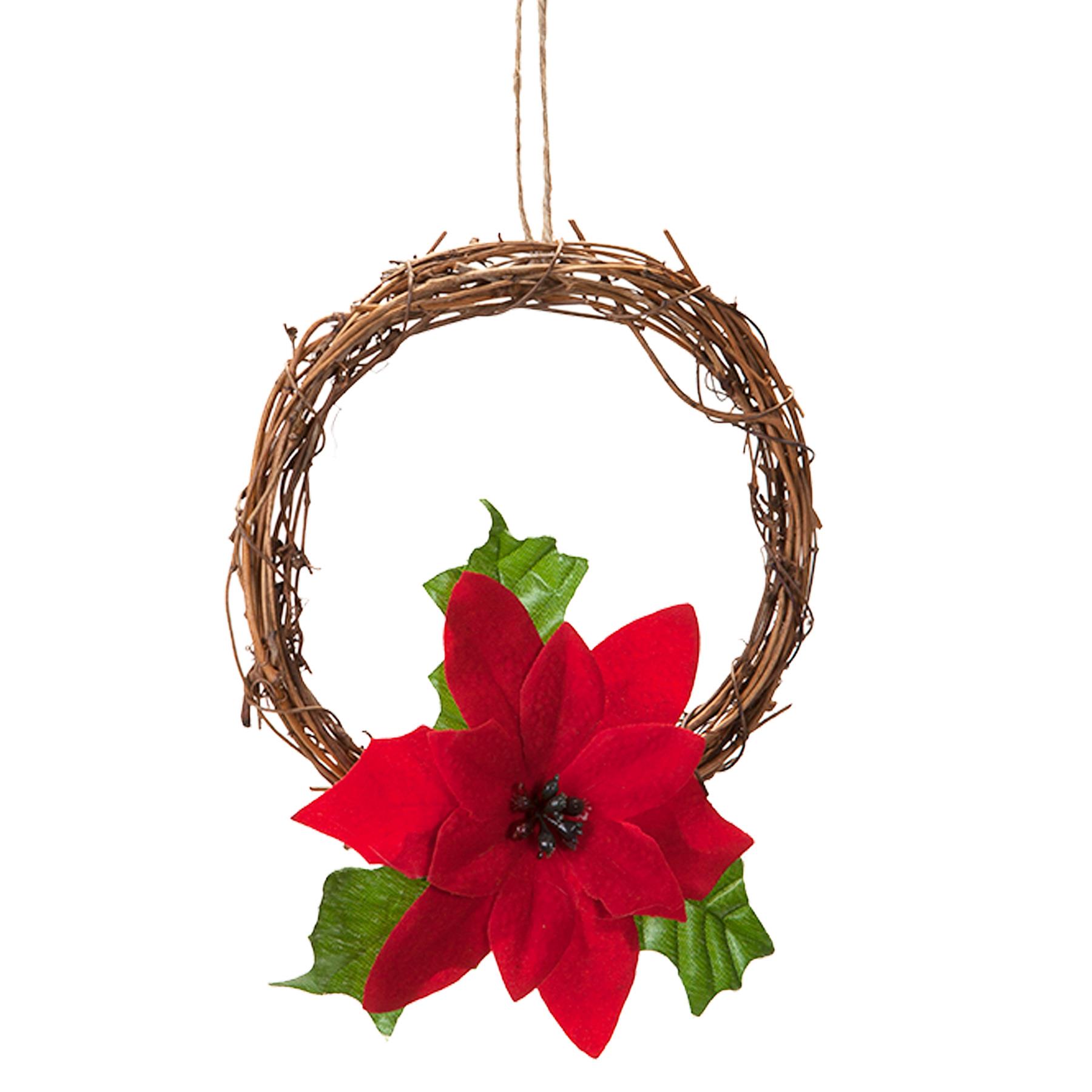 Christmas Artificial Mini Wreath Hanging Door Decoration - 15cm Wood with Red Poinsettia