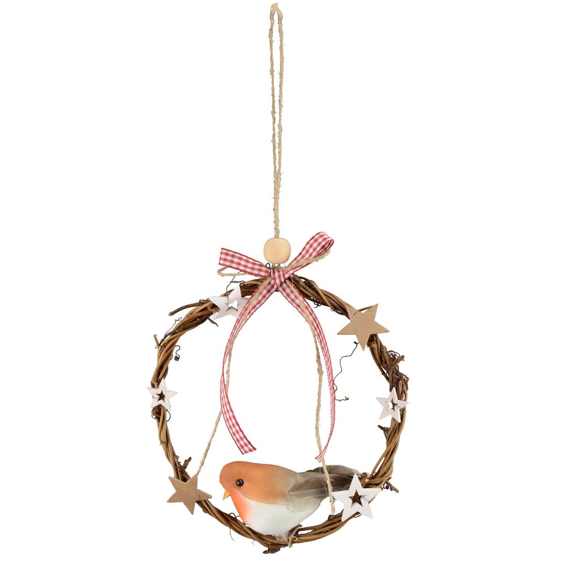 Christmas Artificial Mini Wreath Hanging Door Decoration - 15cm Wood with Robin