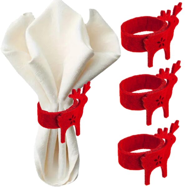 Christmas Napkin Rings 4 Pack Red Felt with Reindeer