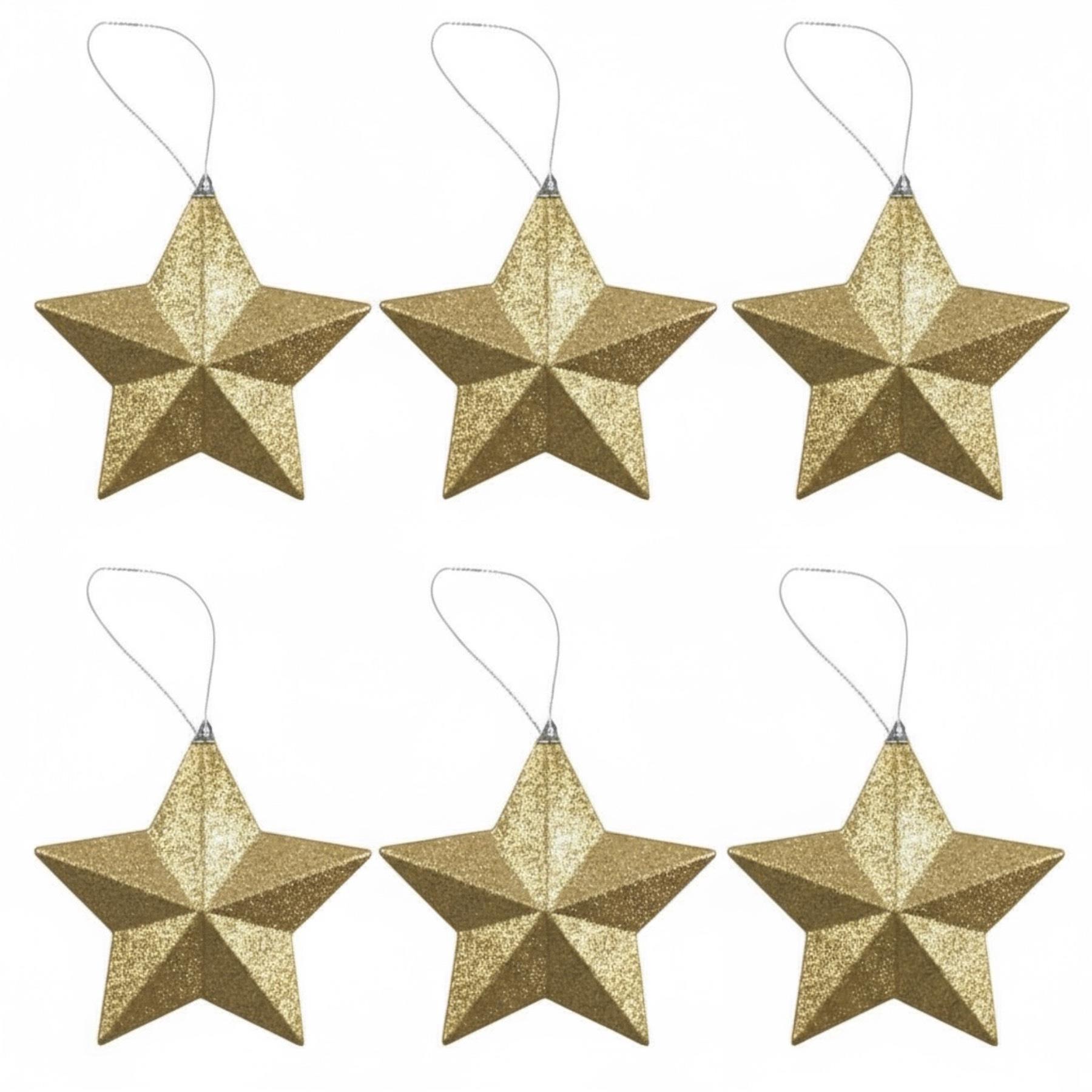 Christmas Decorations 6 Pack 80mm Glitter Stars Tree Gold