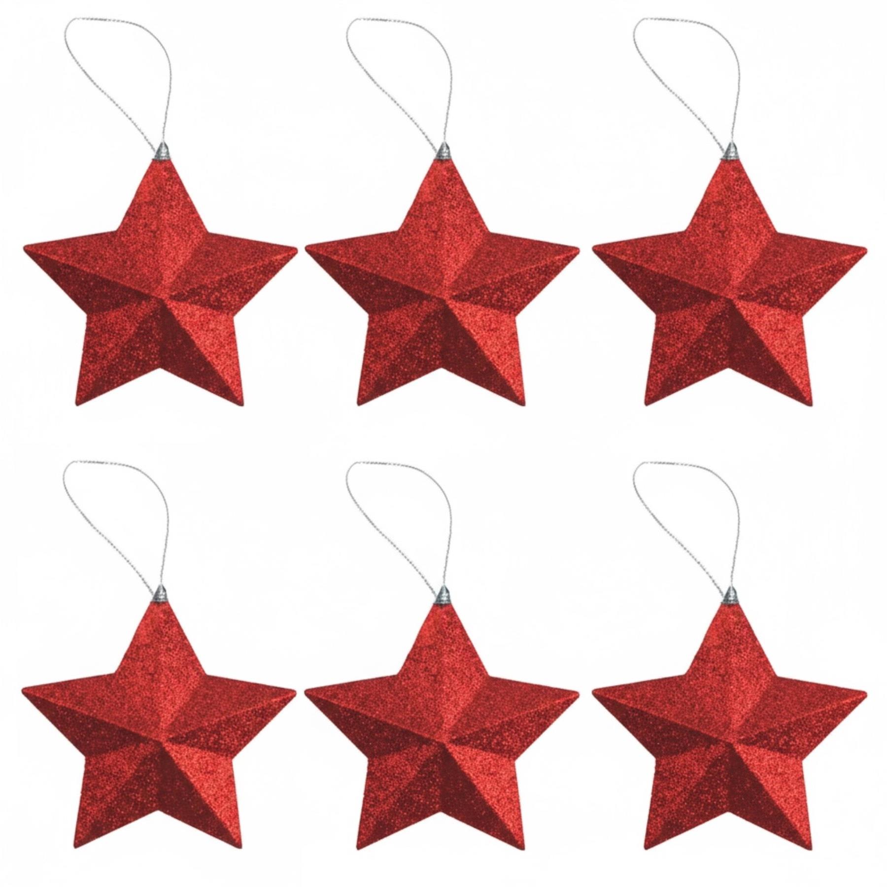 Christmas Red 6 Pack 80mm Glitter Stars Tree Decorations