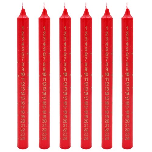 25cm Wax Advent Candles Set of 6 Christmas Countdown with Star Images - Red