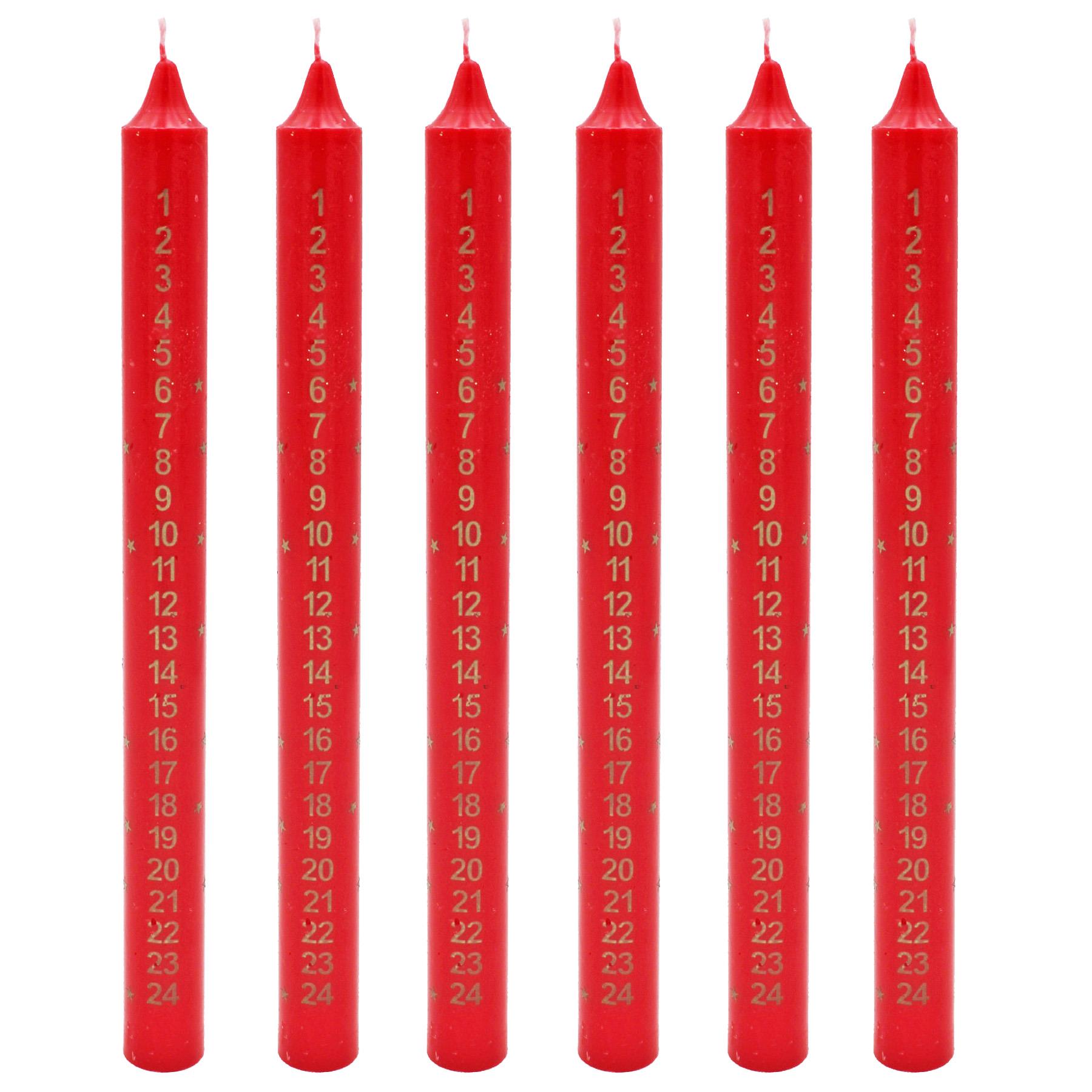 25cm Wax Advent Candles Set of 6 Christmas Countdown with Star Images - Red