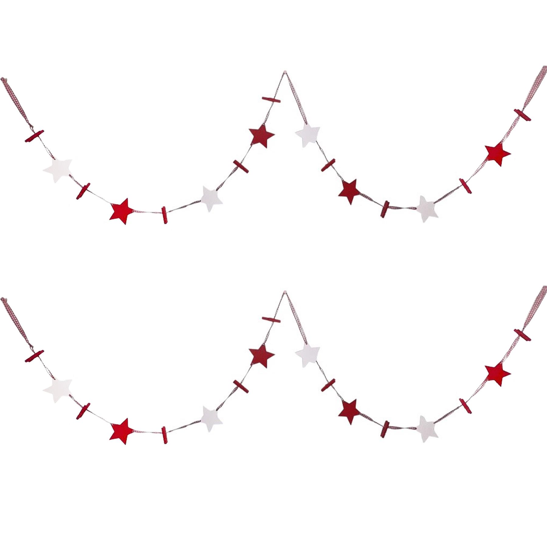 Christmas Card Holders 2 Metre Ribbon and Wood Pegs with Stars Red and White Set of 2