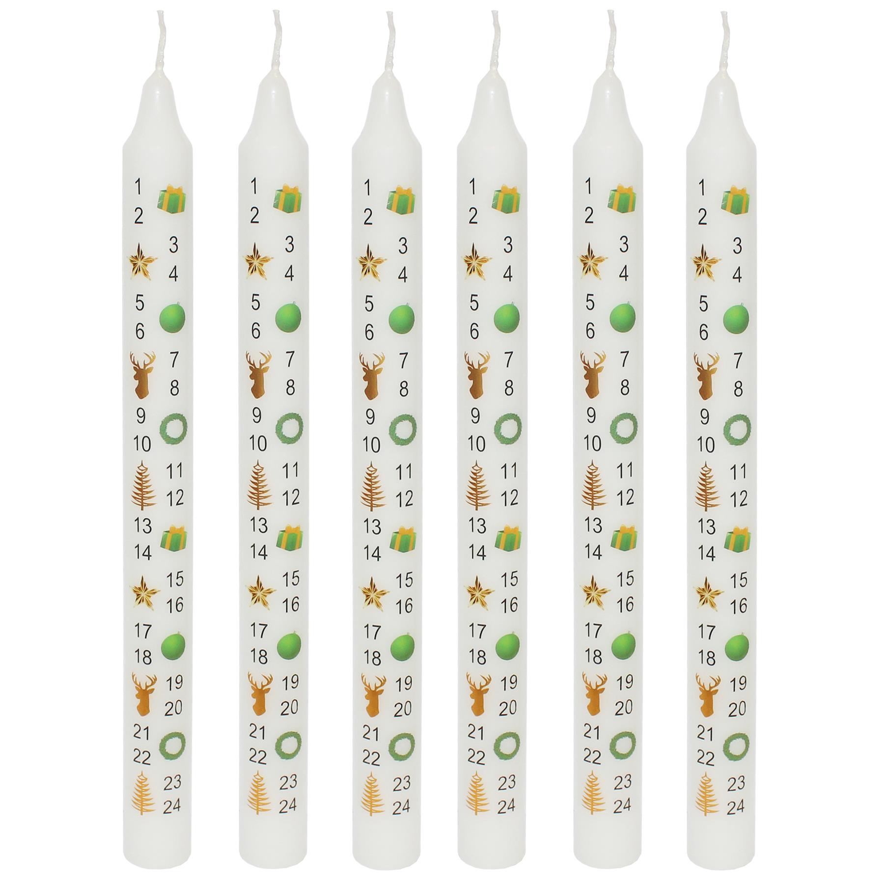 Christmas Advent Candles x6 Boxed 25cm Tapered Countdown Festive Colour Images White