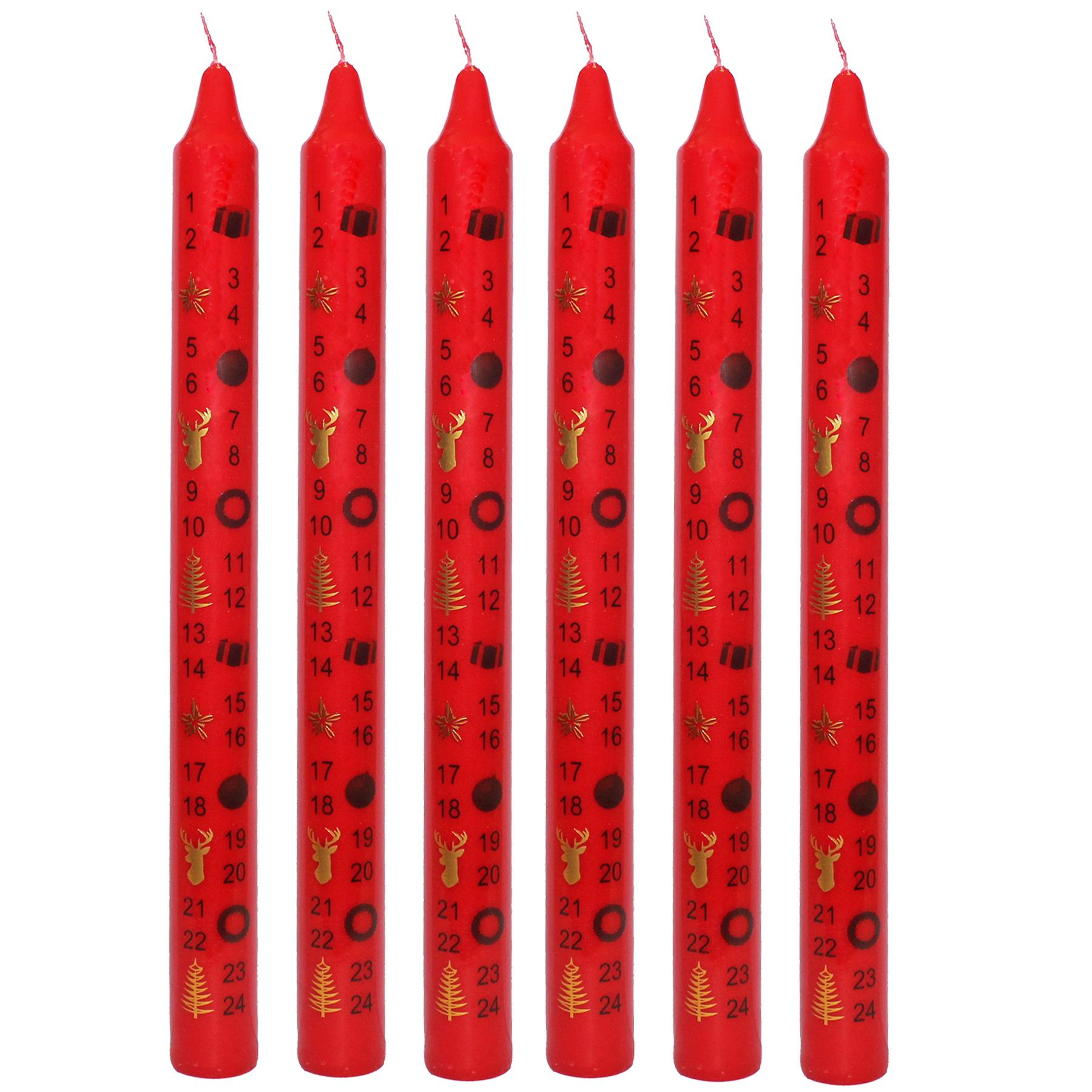 Christmas Advent Candles x6 Boxed 25cm Tapered Countdown Festive Colour Images Red