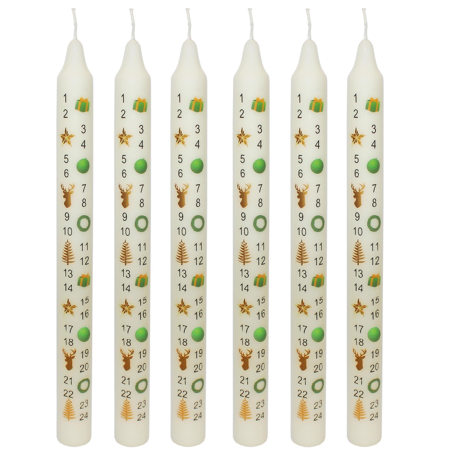 Christmas Advent Candles x6 Boxed 25cm Tapered Countdown Festive Colour Images Cream