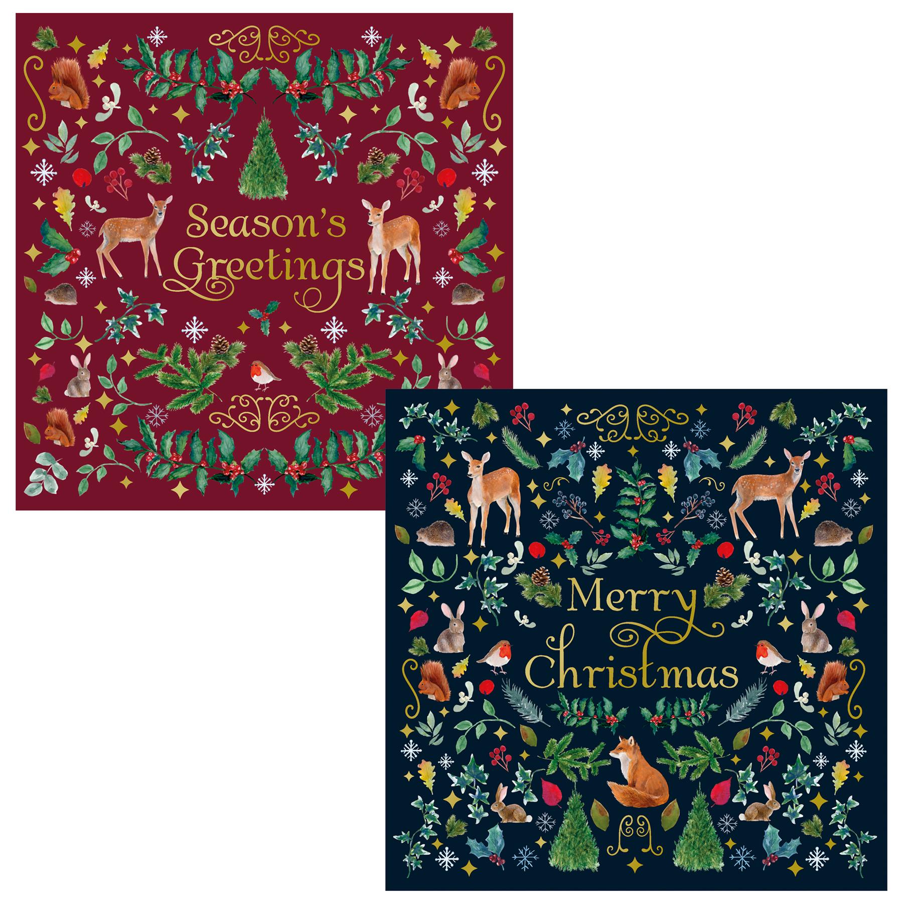 Christmas Cards Pack of 6 Square 14cm x 14cm with Envelopes - Woodland Animals
