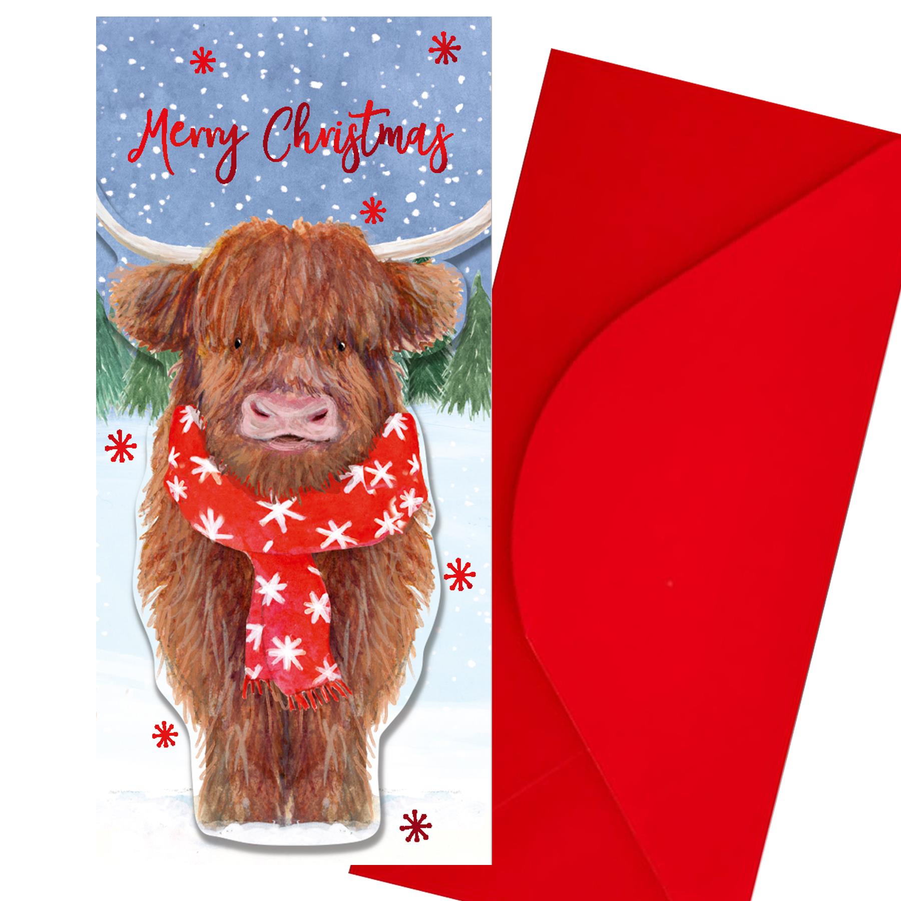 Christmas Gift Card Money Wallet 3D Design with Red Envelope - Highland Cow