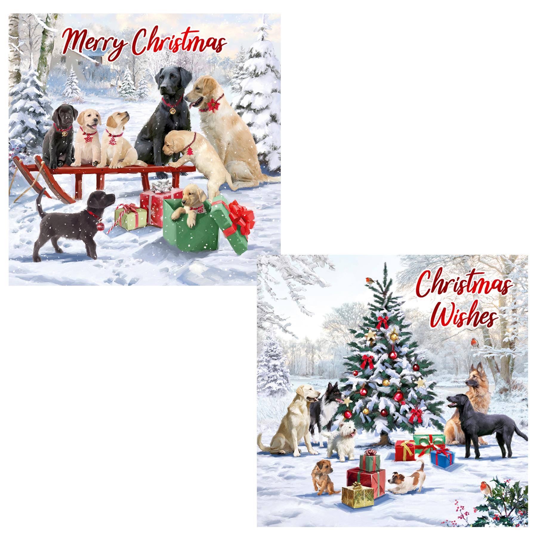 Pack of 12 Christmas Cards Square 14cm x 14cm with Envelopes - Christmas Dogs