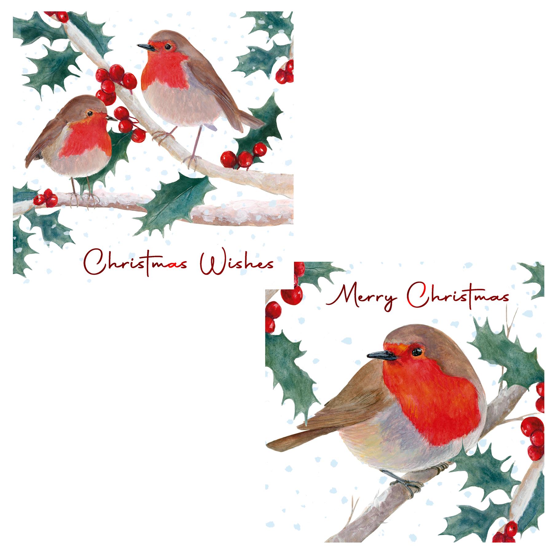 Pack of 12 Christmas Cards Square 14cm x 14cm with Envelopes - Robin Design