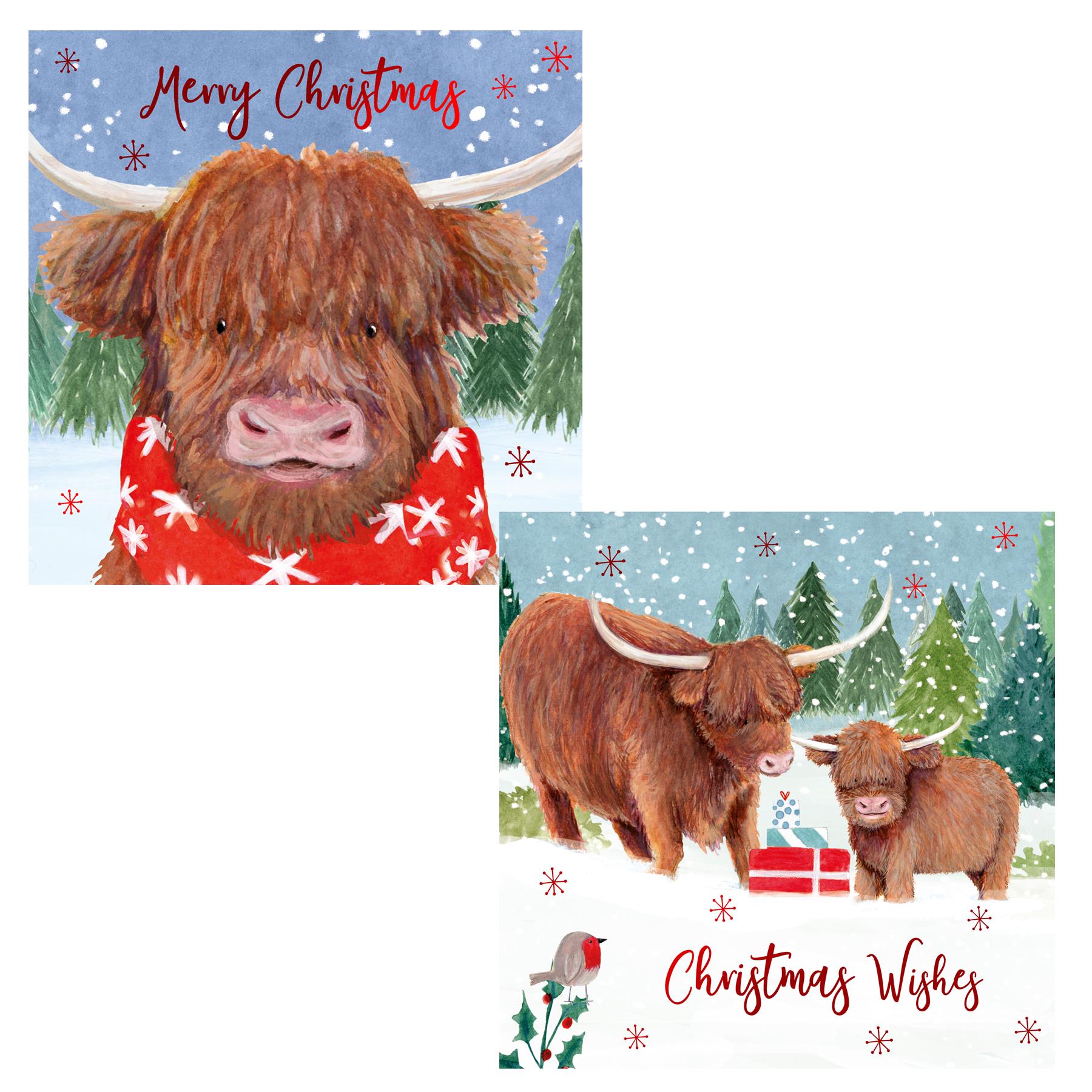 Pack of 12 Christmas Cards Square 14cm x 14cm with Envelopes -  Highland Cows