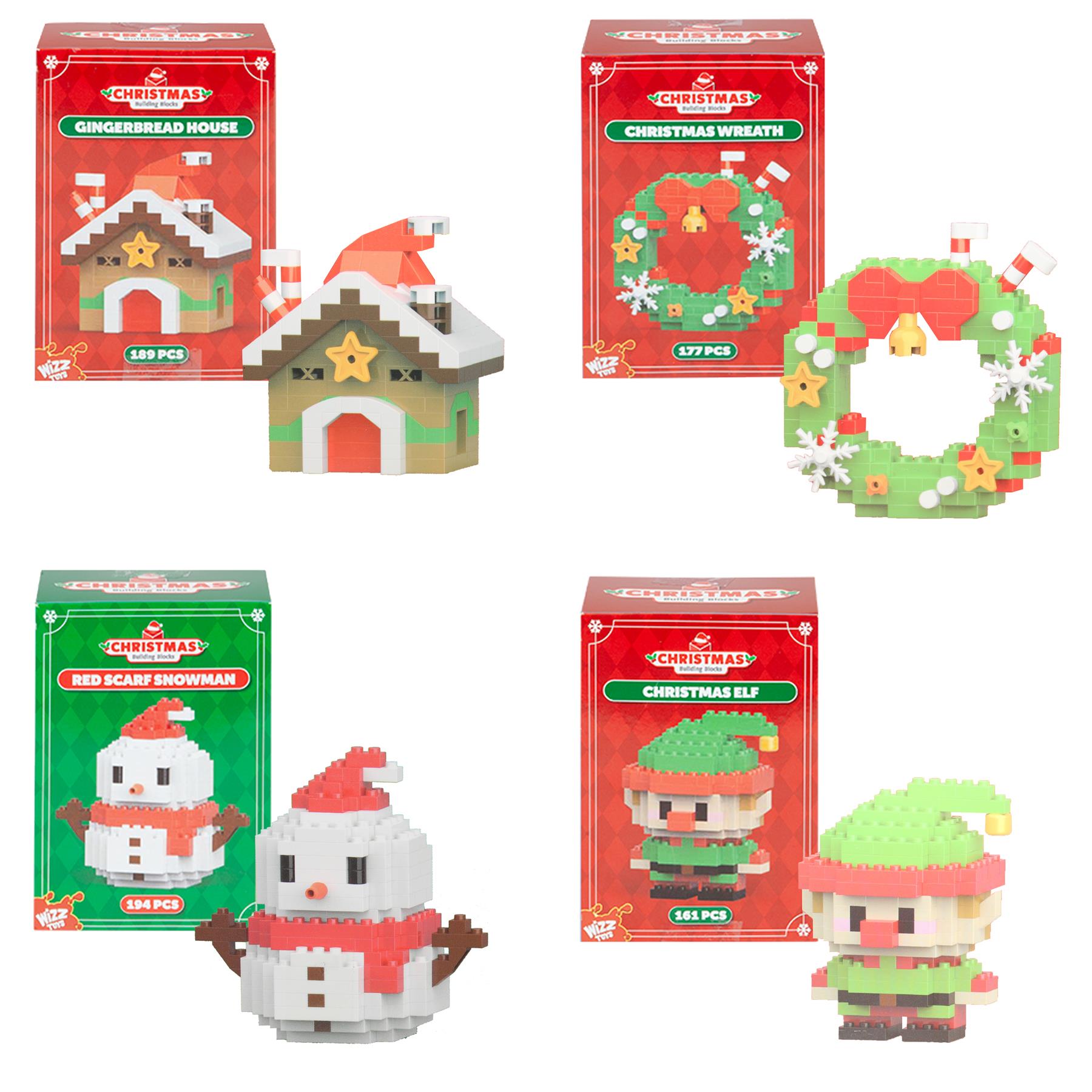 Christmas Mini Building Blocks Figure Set of 4 - Snowman Elf House and Wreath
