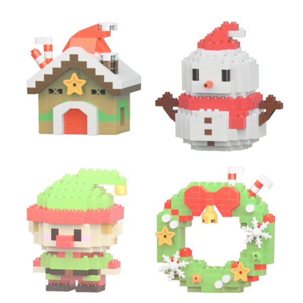Christmas Mini Building Blocks Figure Set of 4 - Snowman Elf House and Wreath