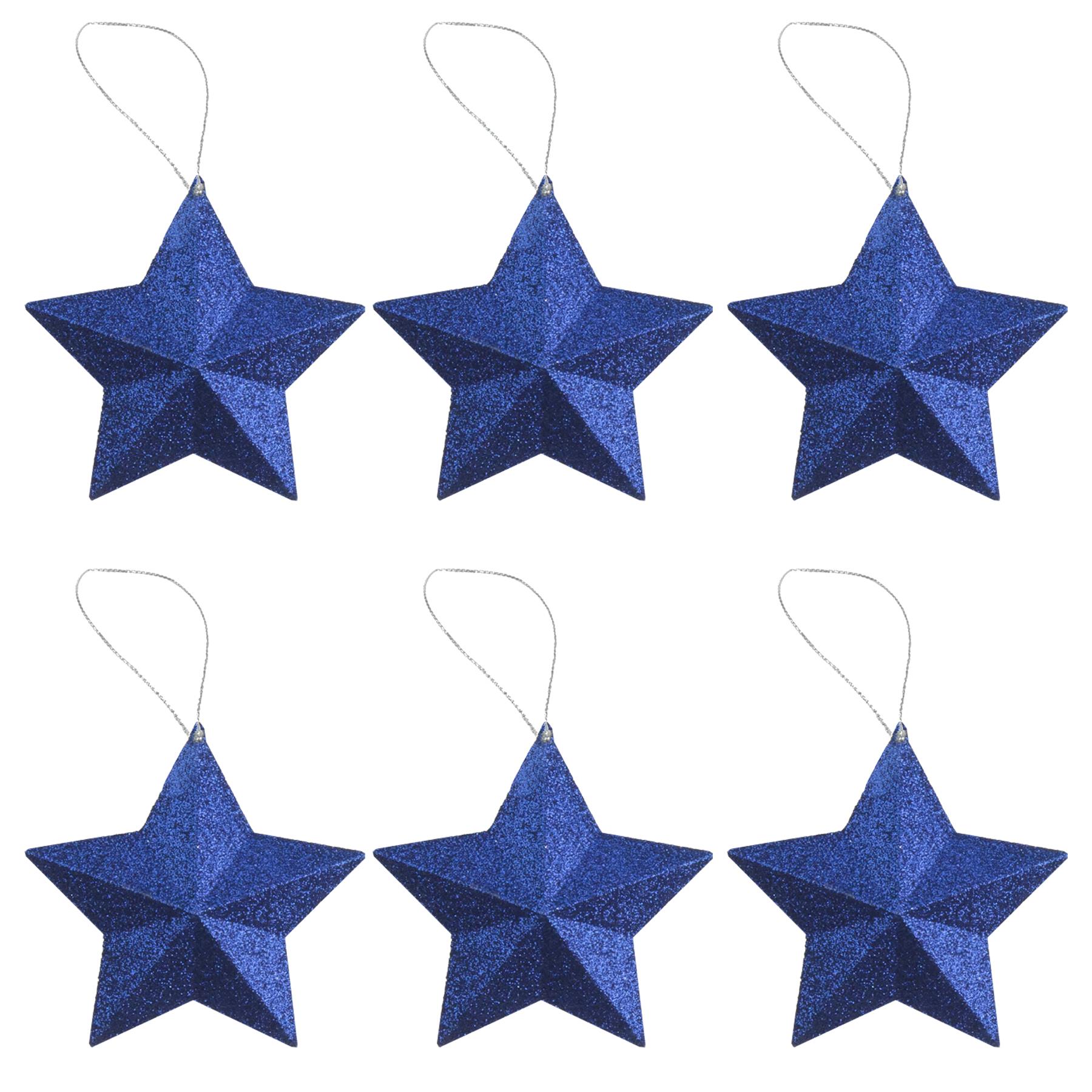 Christmas Midnight Blue 6 Pack 80mm Glitter Stars Tree Decorations