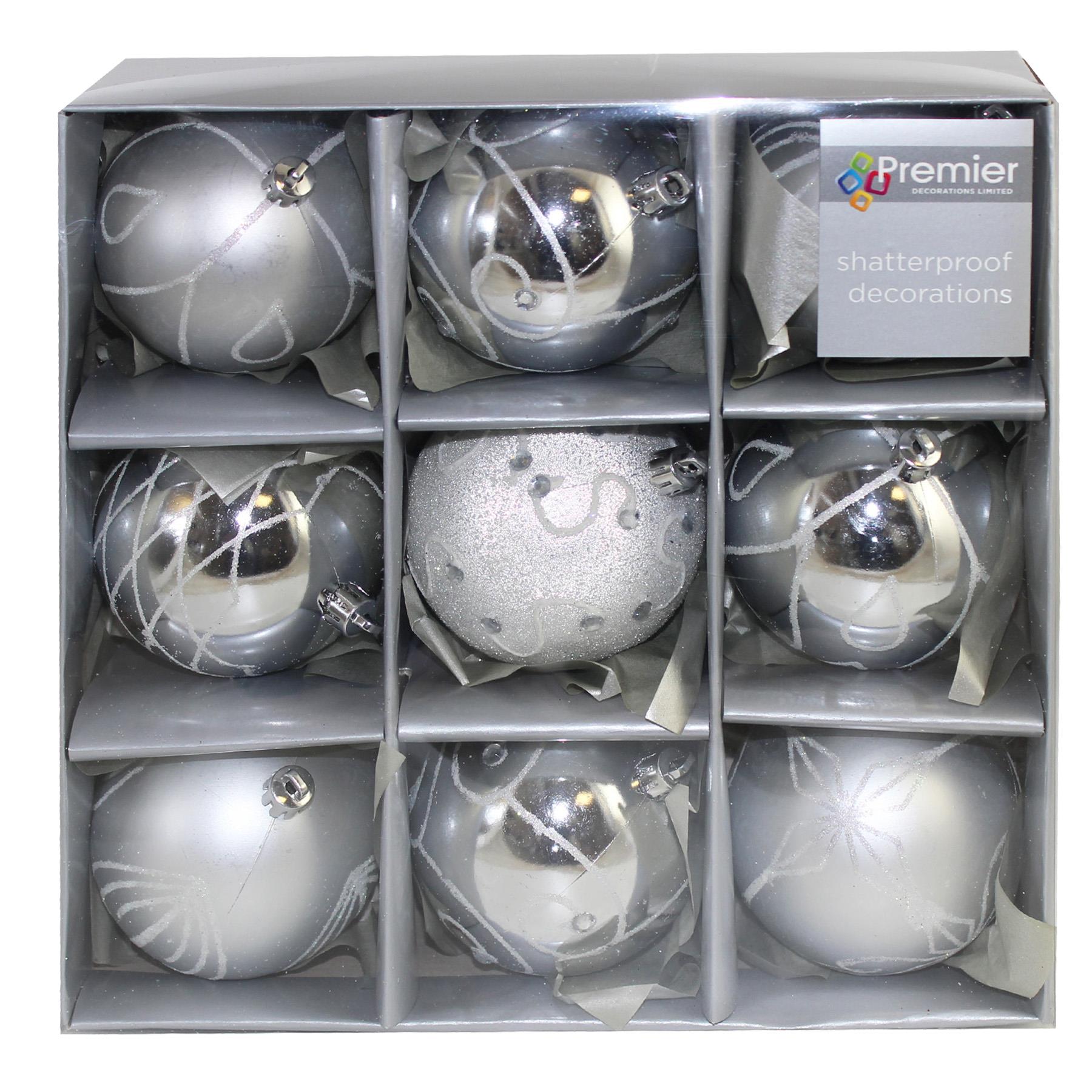 Christmas Shatterproof Baubles 9 Pack 80mm Tree Decoration Silver