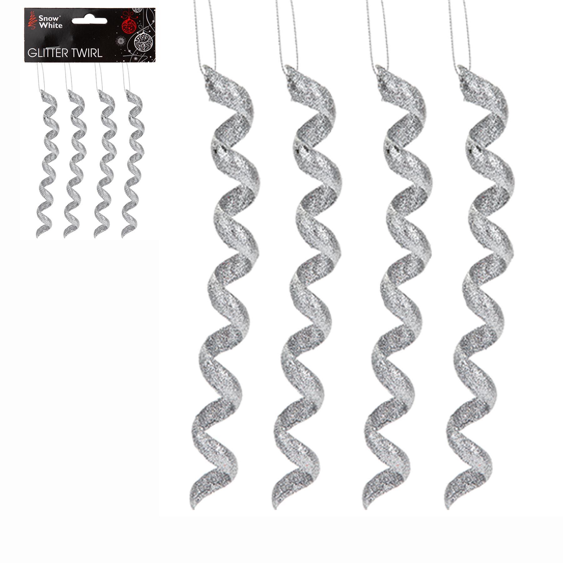 Silver Glitter Christmas Tree Decoration 4 Pack Spiral Drops