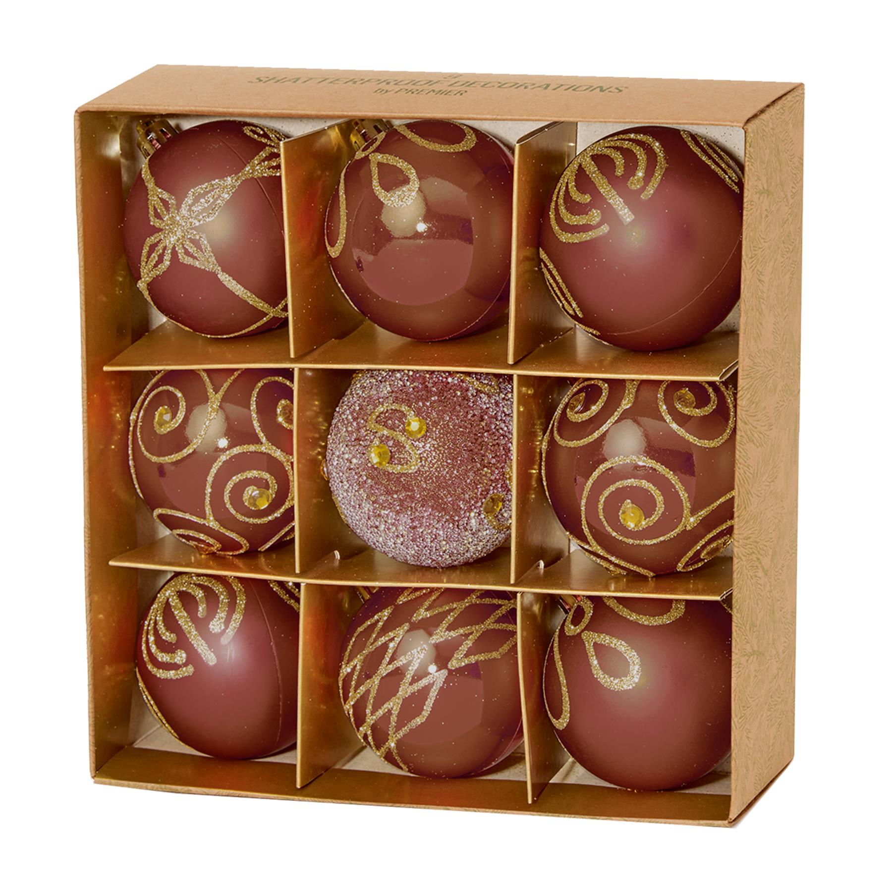 Christmas Shatterproof Baubles 9 Pack 60mm Tree Decoration Brown