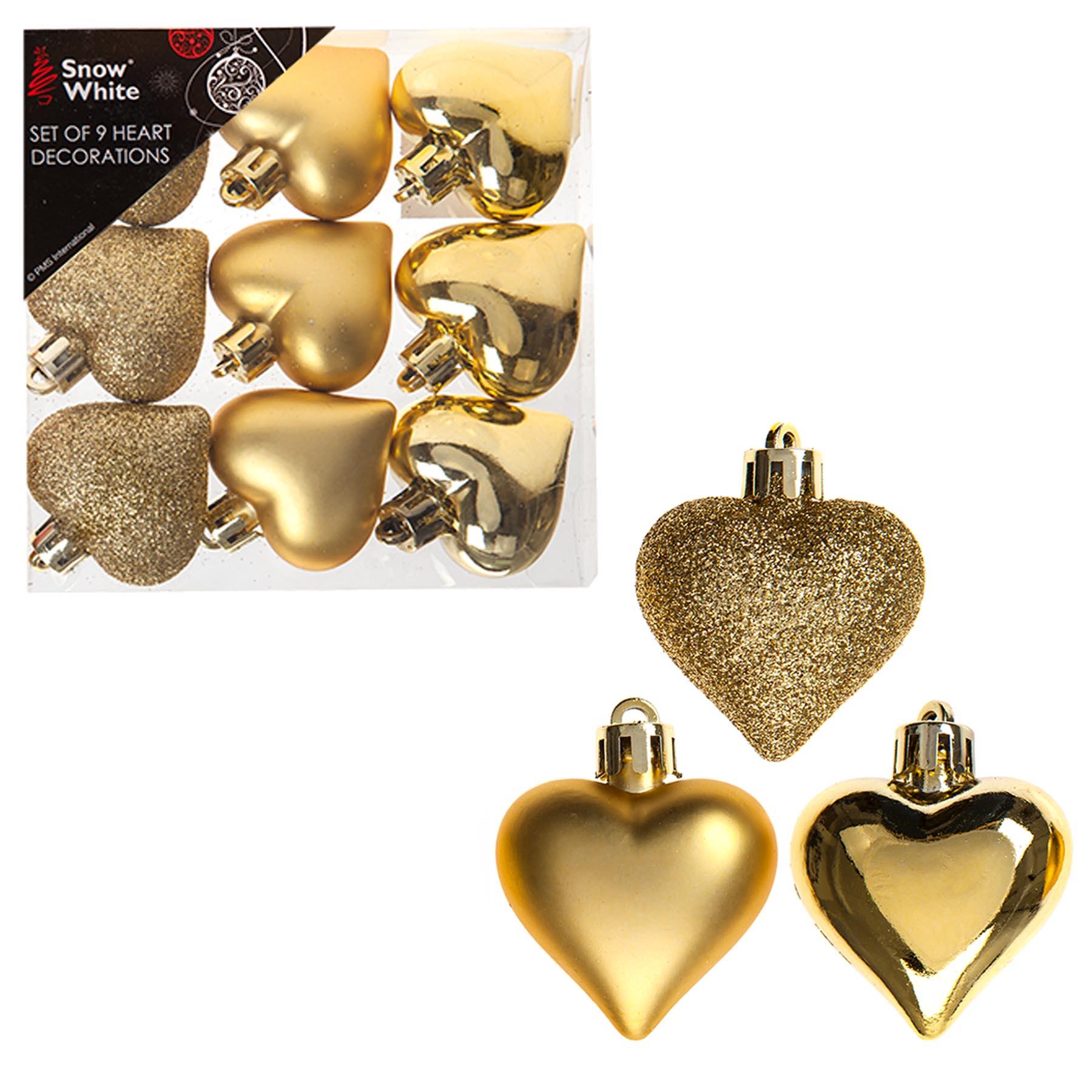 Christmas Shatterproof Hearts 9 Pack 40mm Gold Tree Decorations