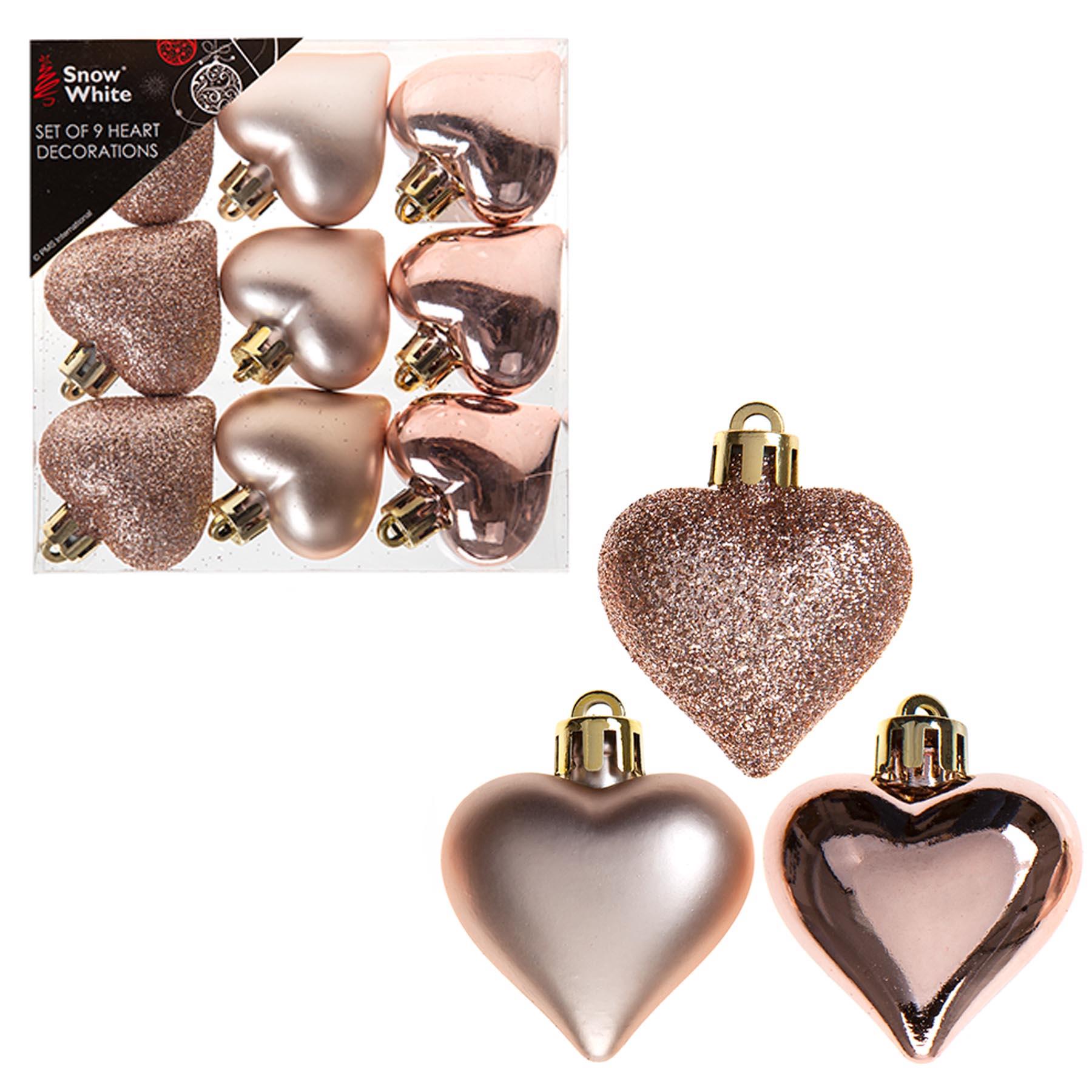 Christmas Shatterproof Hearts 9 Pack 40mm Rose Gold Tree Decorations