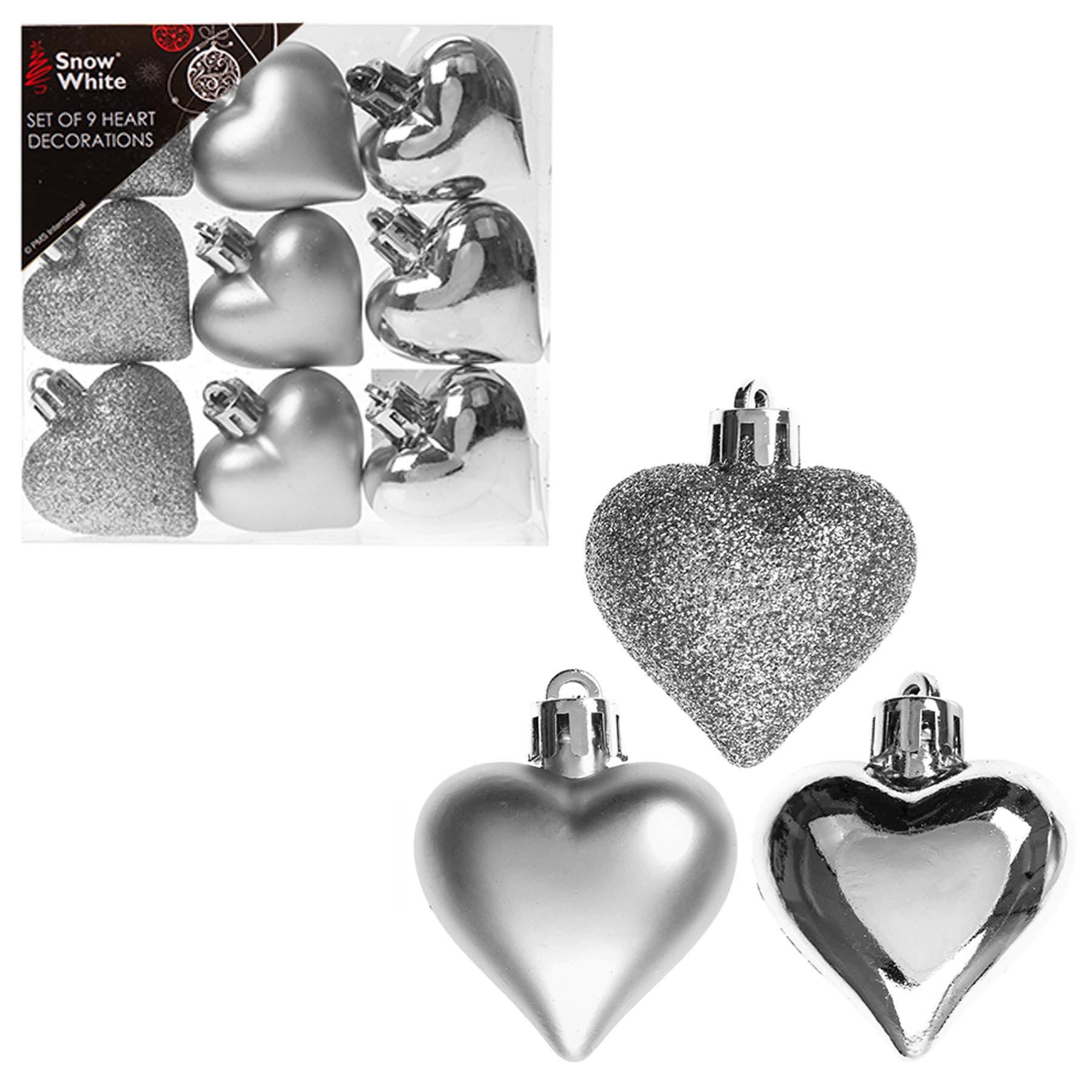 Christmas Shatterproof Hearts 9 Pack 40mm Silver Tree Decorations