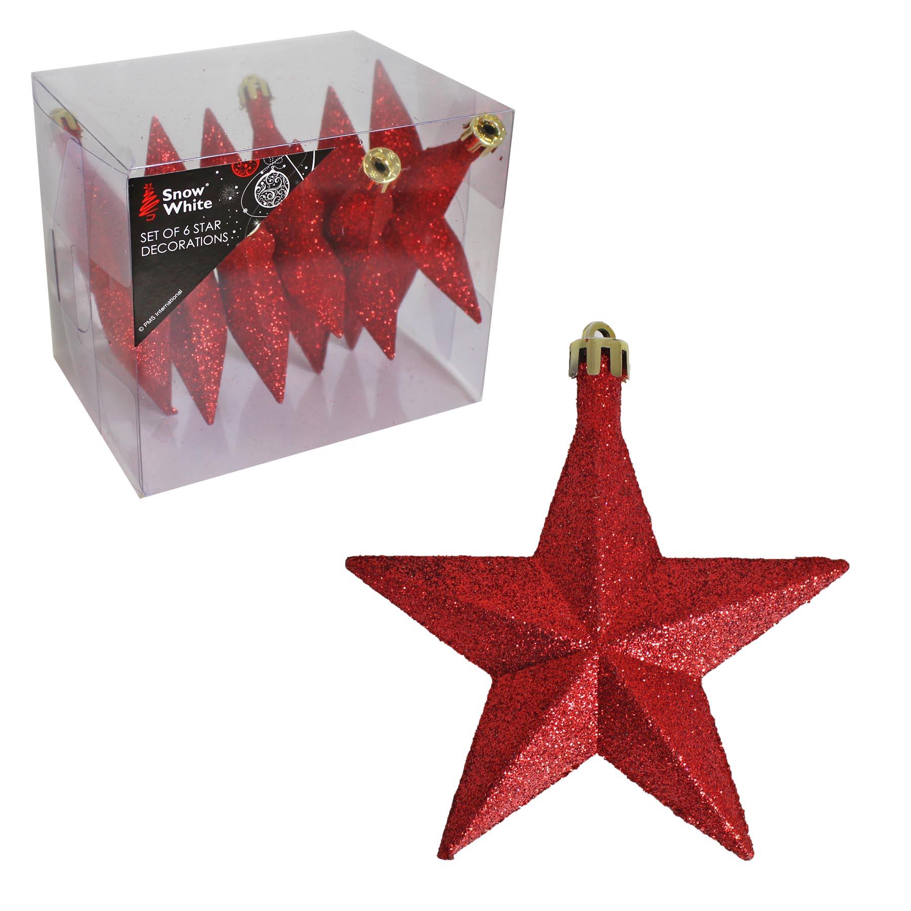 Christmas Shatterproof Glitter Stars 6 Pack 100mm Red Tree Decorations