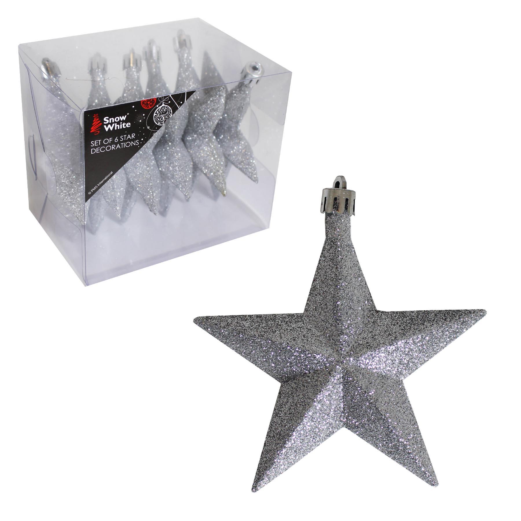 Christmas Shatterproof Glitter Stars 6 Pack 100mm Silver Tree Decorations