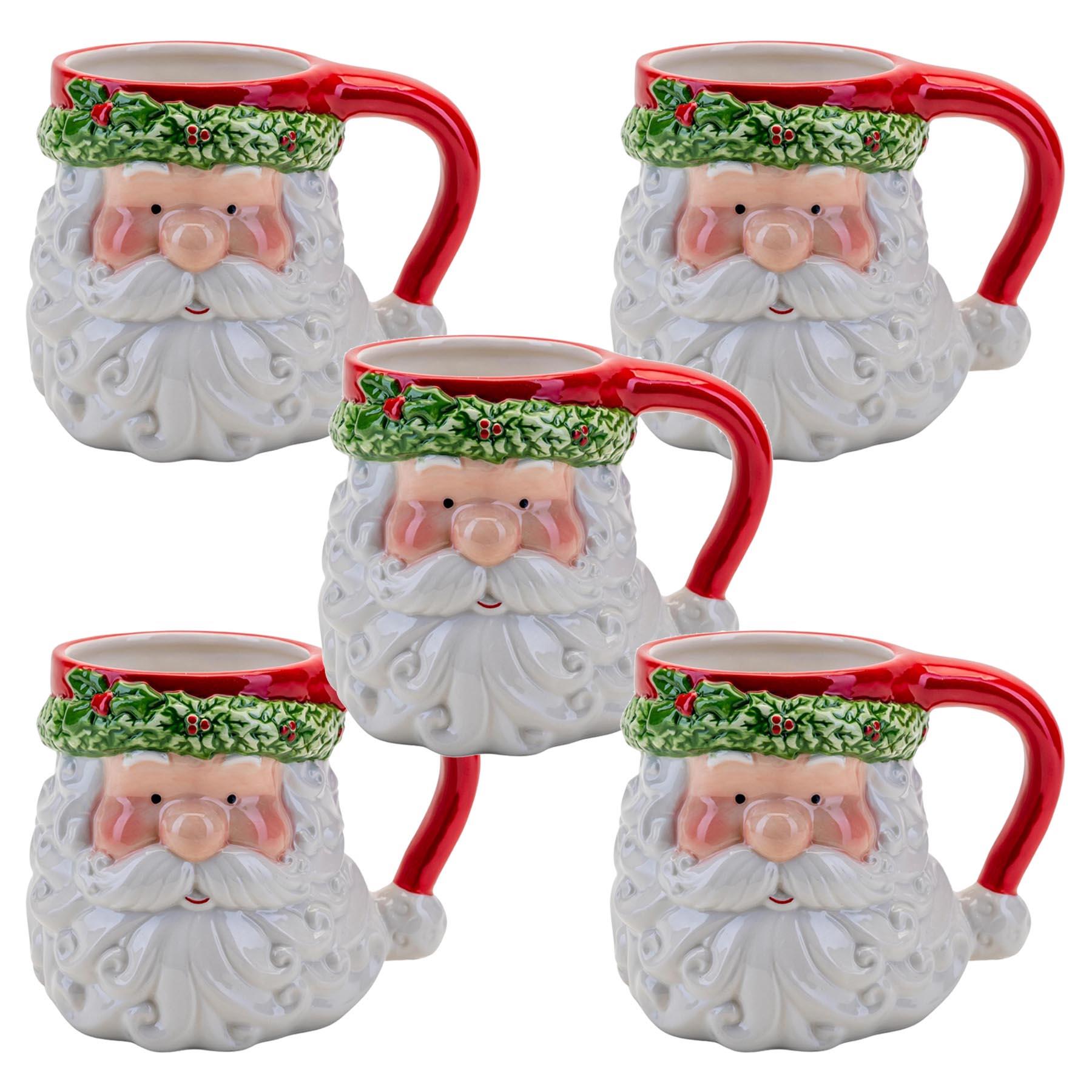 Christmas Ceramic Mugs Set of 5 Santa with Holly Trim Novelty Design