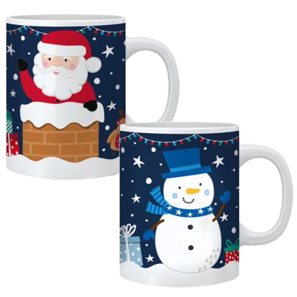 Christmas Novelty Mugs Set of 2 Stoneware Hot Chocolate - Santa and Snowman