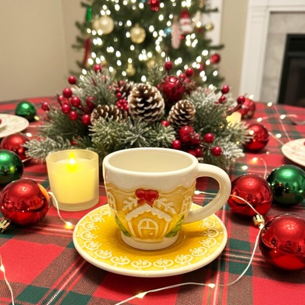 Christmas Cup and Saucer Set Ceramic Gingerbread Design