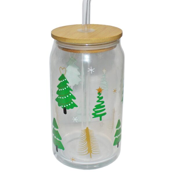 Christmas Drinking Glass with Lid and Straw - Christmas Trees