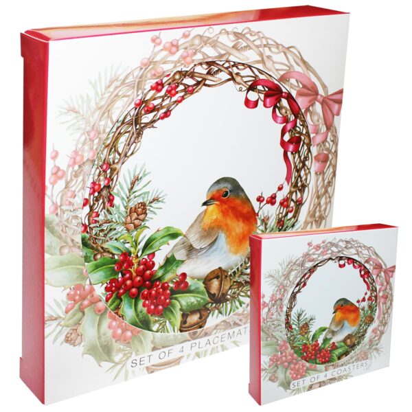 Christmas Robin Placemats and Coasters Set of 8 Round Cork Back Festive Tableware