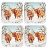 Christmas Coasters Cork Back Set of 4 Tableware - Snowy Highland Cow