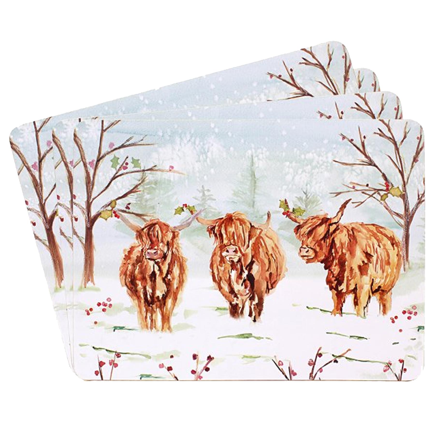 Christmas Placemats Corked Back Set of 4 Tableware - Snowy Highland Cow