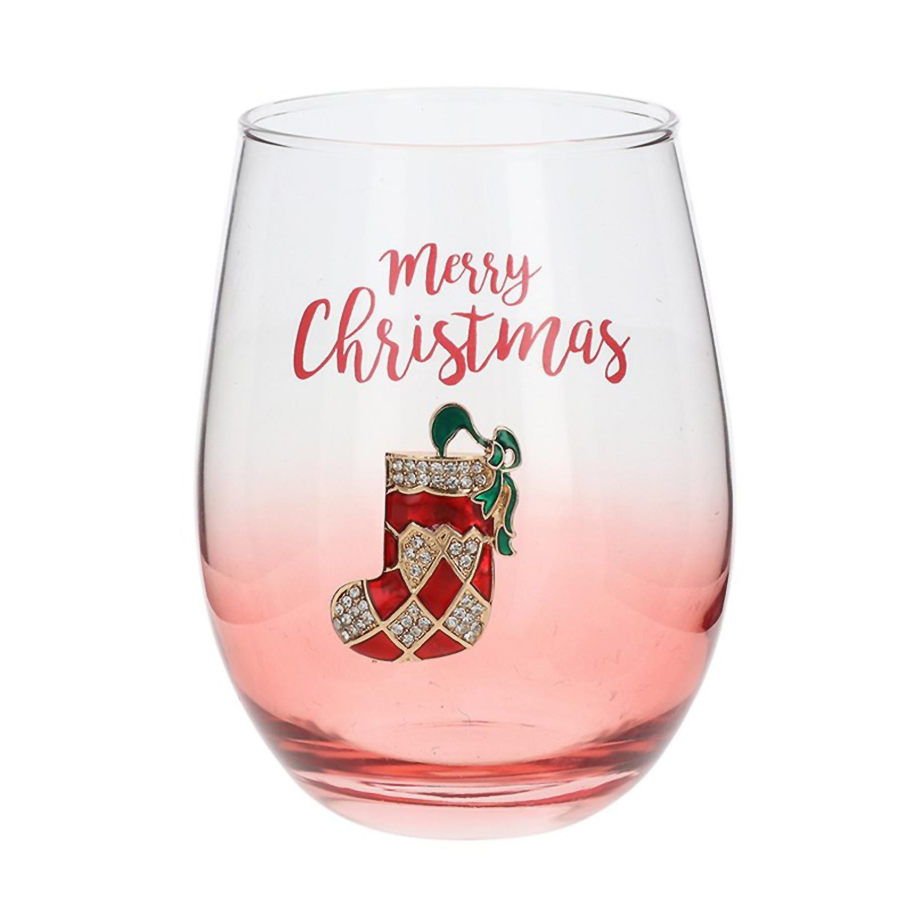 Christmas Tumbler Glass with Festive Diamante Attachment - Stocking