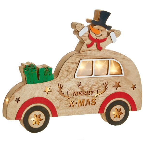 Christmas Light up Decoration Car with Snowman LED Battery Wooden Ornament
