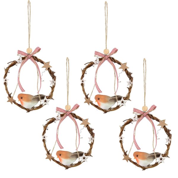 Christmas Artificial Mini Wreaths Set of 4 Ratten Hanging Door Decoration with Robin