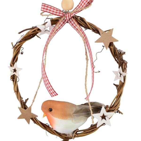 Christmas Artificial Mini Wreaths Set of 4 Ratten Hanging Door Decoration with Robin
